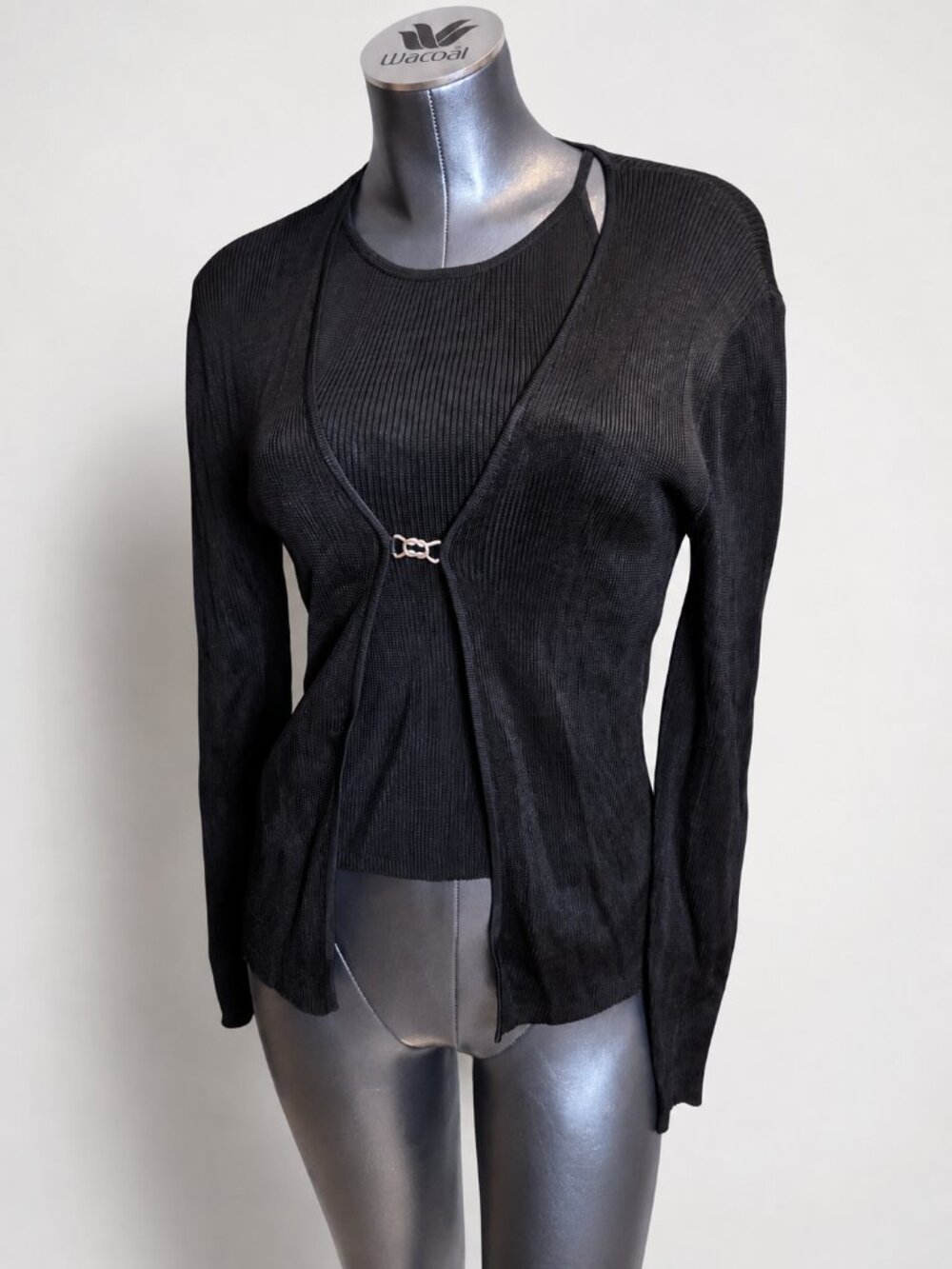 Laundry by Shelli Segal Black Ribbed Knit 2-Piece Cardigan & Tank Set Size L - Picture 3 of 13